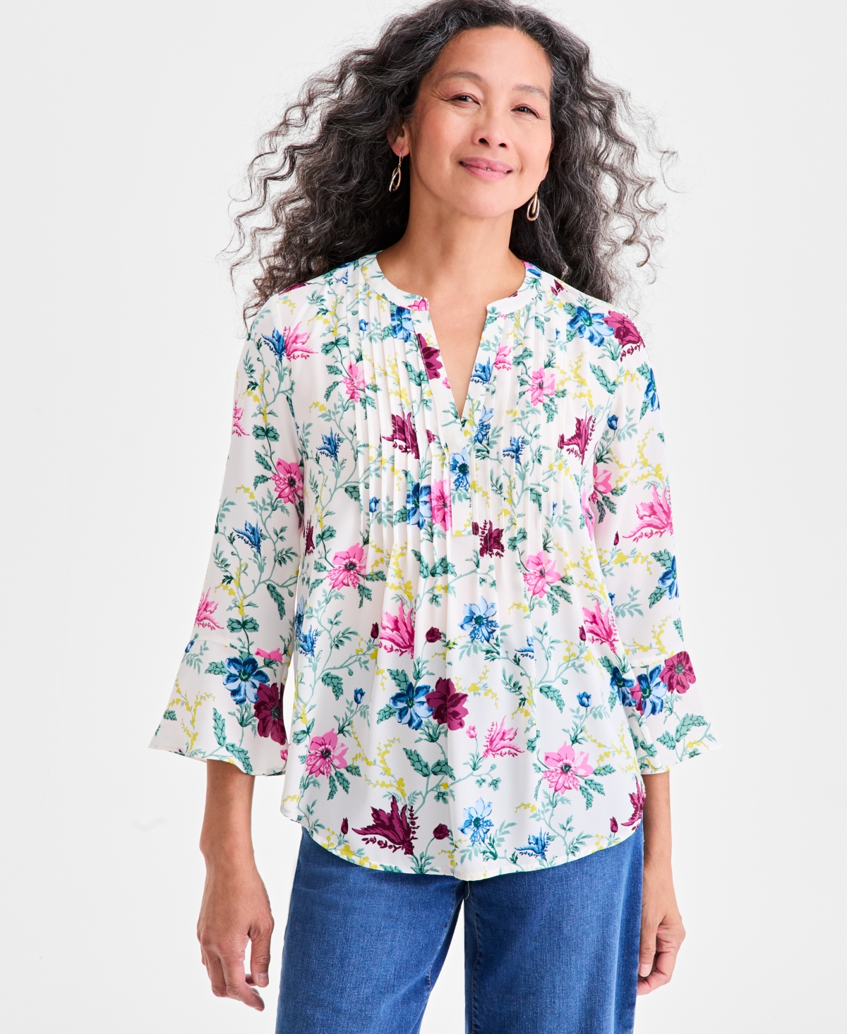 Style & Co Women's Printed Pintuck Ruffle Sleeve Top, Macy's Exclusive