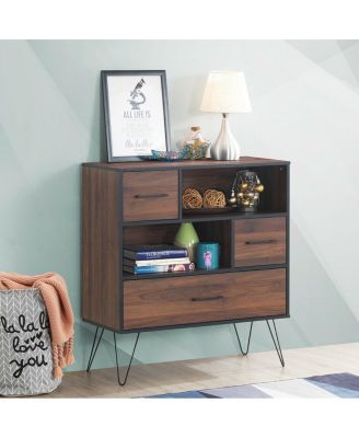 3-Tier Wood Storage Cabinet with Drawers and 4 Metal Legs