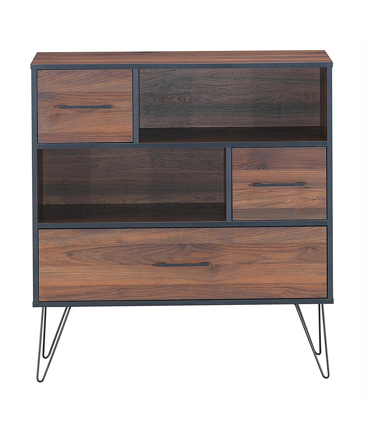 3-Tier Wood Storage Cabinet with Drawers and 4 Metal Legs - Brown