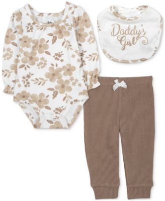 Baby Essentials - Baby Girls Daddy's Girl Bib, Floral-Print Bodysuit & Pants, 3 Piece Set