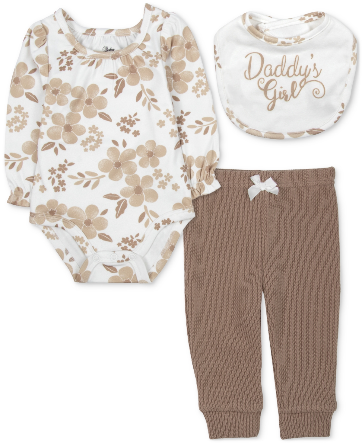 Baby Essentials Baby Girls Daddy's Girl Bib, Floral-print Bodysuit & Pants, 3 Piece Set In White