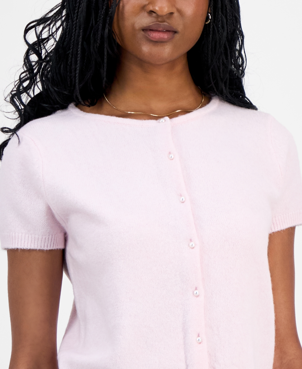 Hippie Rose Juniors' Short-sleeve Faux-pearl Cardigan In Pink
