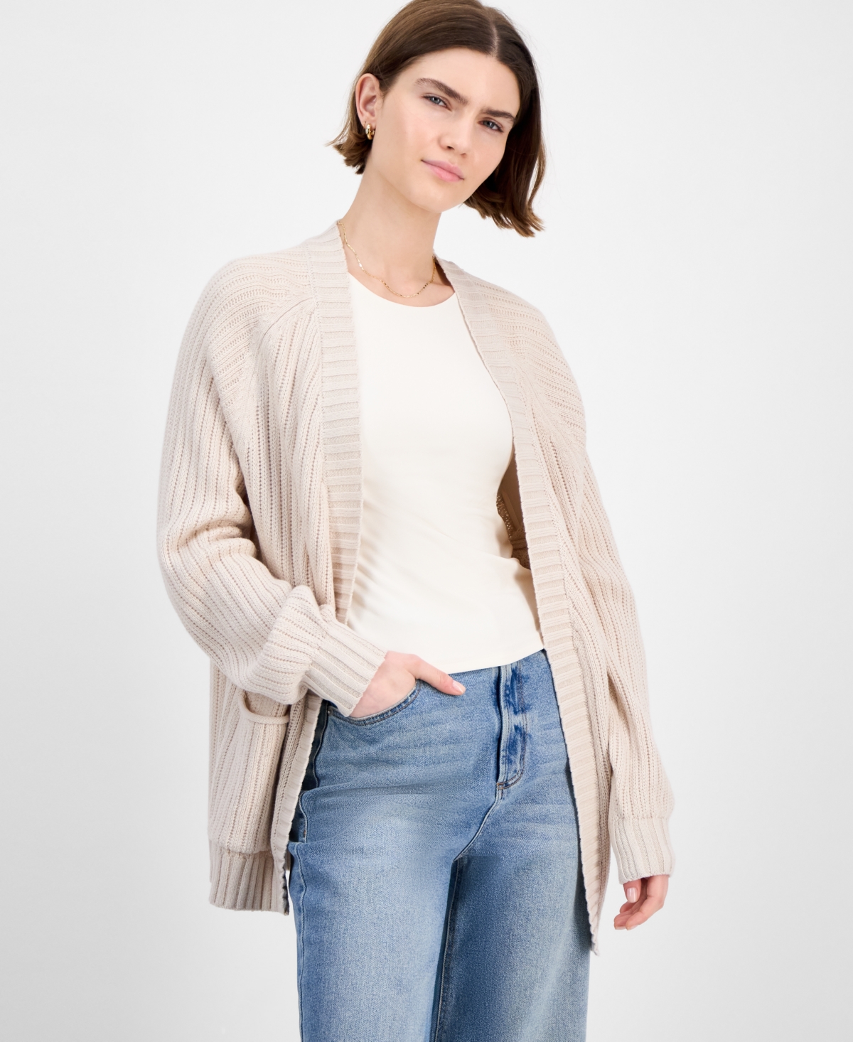 Hippie Rose Juniors' Open-front Pointelle-knit Cardigan In Sand