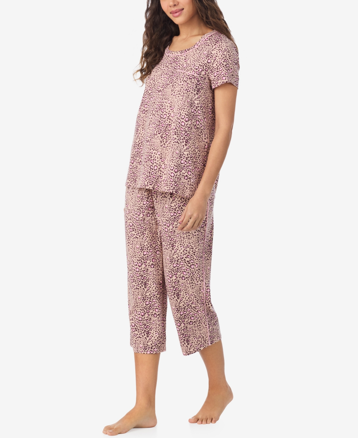 Cuddl Duds Women's Short Sleeve Cropped Pajama Set In Brown