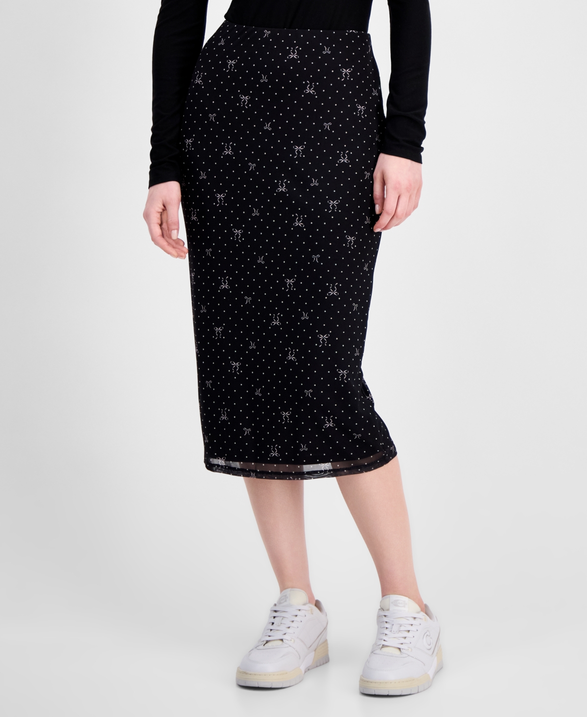Tinseltown Juniors' Printed-mesh Midi Skirt In Black