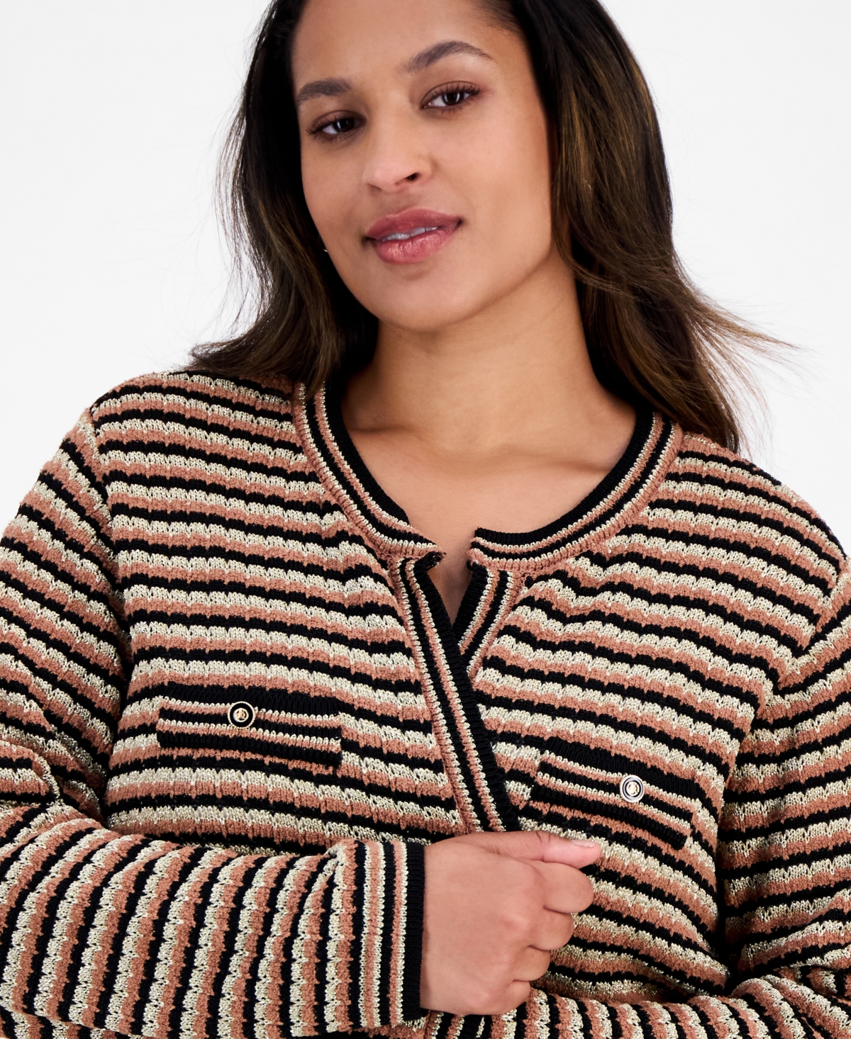 Anne Klein Plus Size Long-sleeve Front-pocket Cardigan In Brown