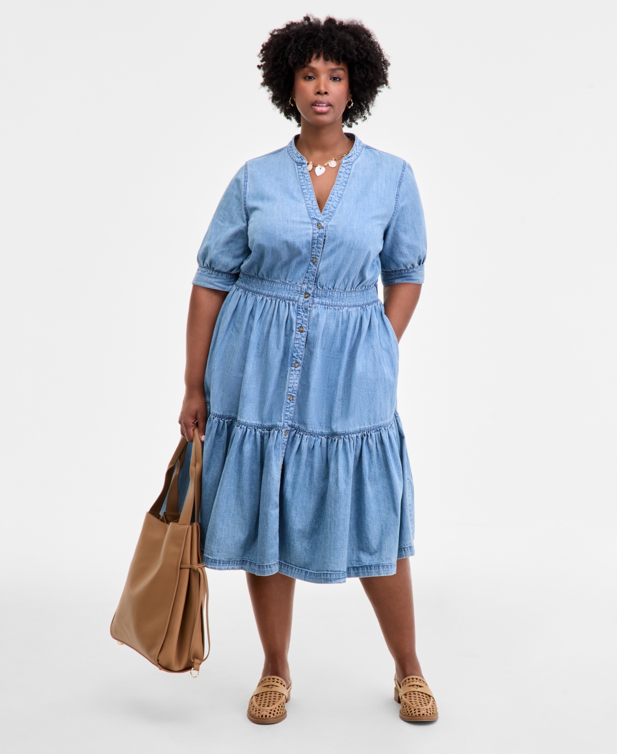 On 34th Trendy Plus Cotton Button-front Tiered Midi Dress, Macy's Exclusive In Brown
