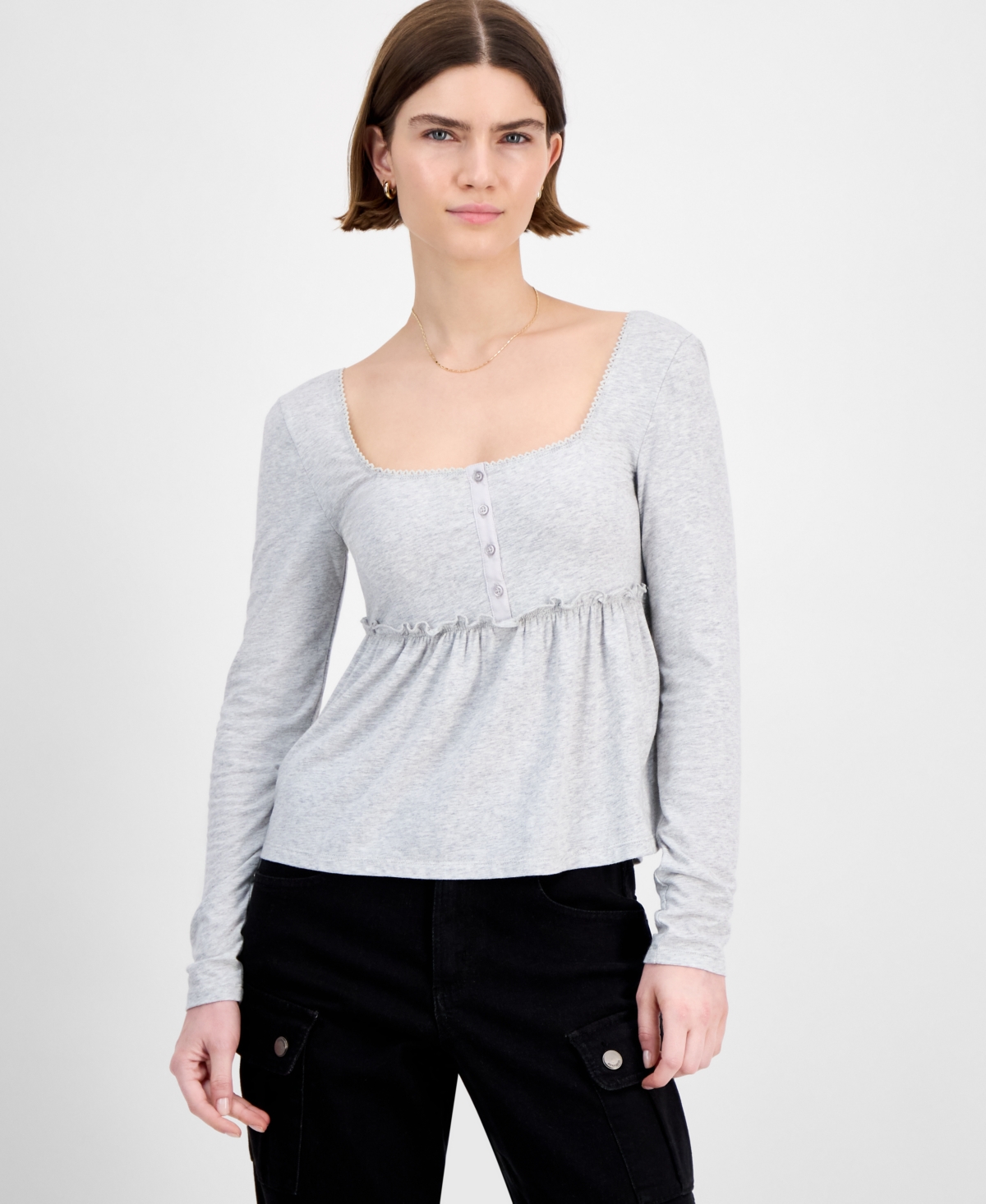 Hippie Rose Juniors' Long Sleeve Knit Babydoll Top