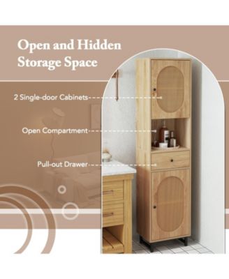 67 Inch Tall Bathroom Cabinet PE Rattan Floor Cabinet with 2 Doors