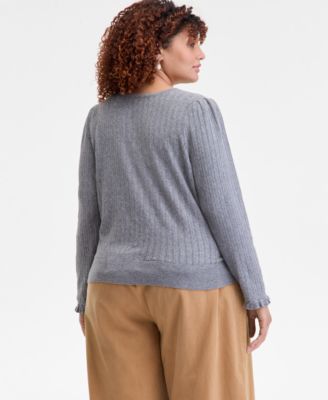 Trendy Plus Size Puff-Shoulder Pointelle Cardigan, Macy's Exclusive