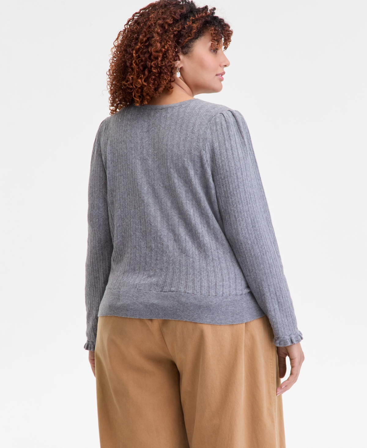 On 34th Trendy Plus Size Puff-shoulder Pointelle Cardigan, Macy's Exclusive In Gray