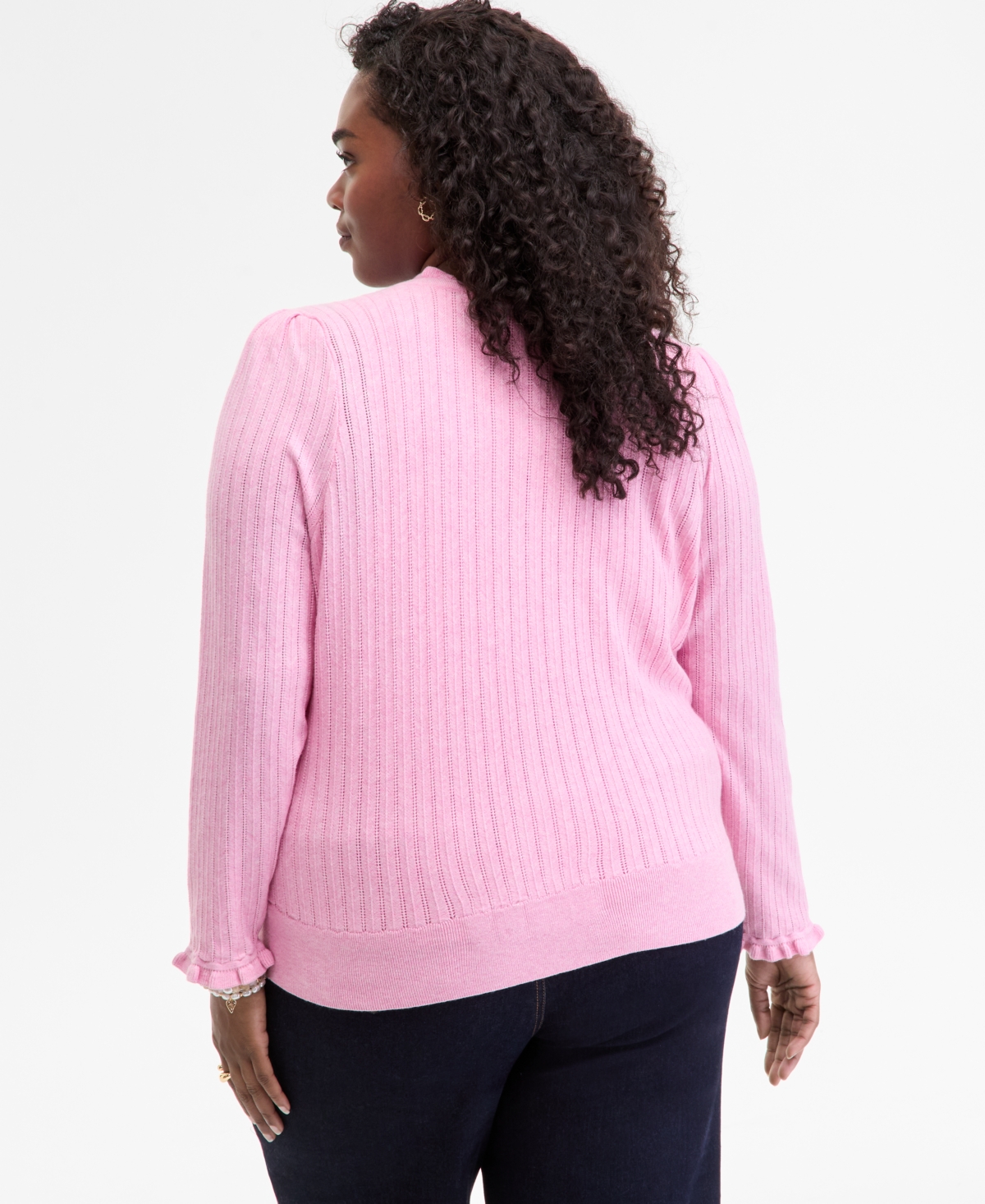 On 34th Trendy Plus Size Puff-shoulder Pointelle Cardigan, Macy's Exclusive In Pink