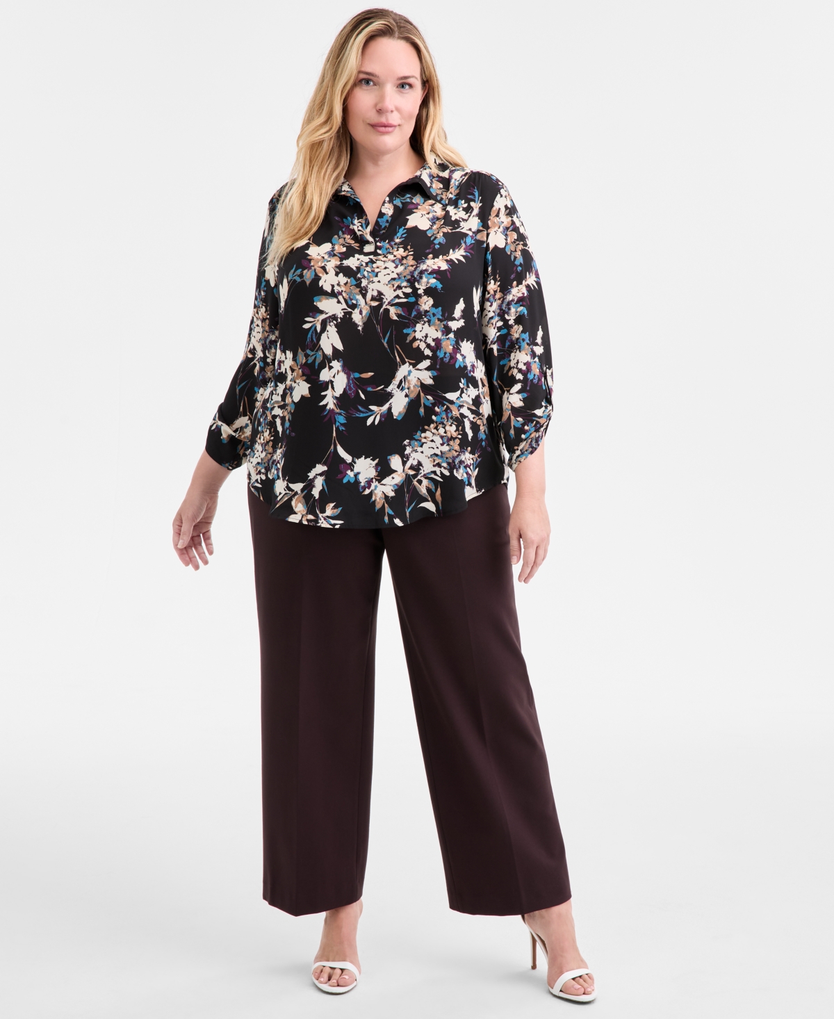 Ak Anne Klein Plus Size Printed Collared V-neck Blouse In Multi