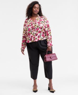 Trendy Plus Size Floral Ruffle-Trim Split-Neck Blouse, Macy's Exclusive