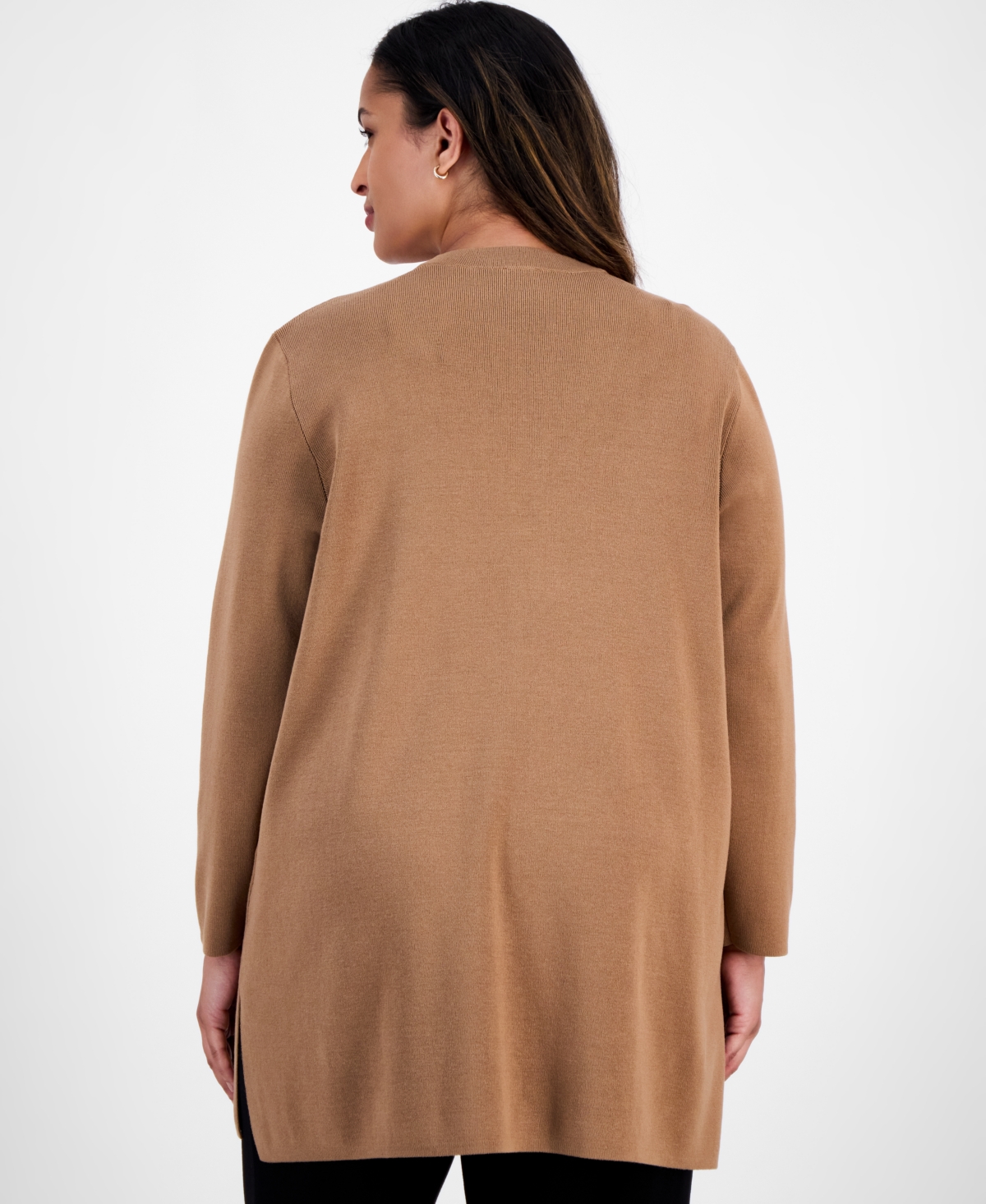 Ak Anne Klein Plus Size Kissing-front Side-slit Cardigan In Brown