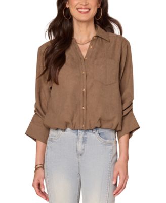 Democracy Womens Spread Collar Button Front Top Ps Xl In Brown
