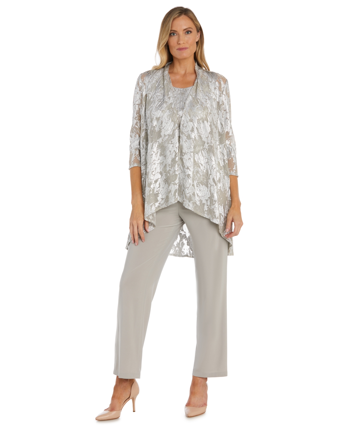 Petite Metallic Swing Jacket, Tank and Pants 3-Pc. Set - Ocean/Silver