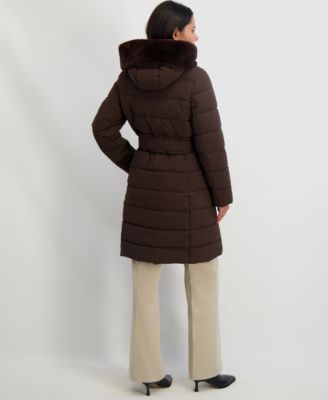 Women's Faux-Fur-Trim Hooded Belted Puffer Coat