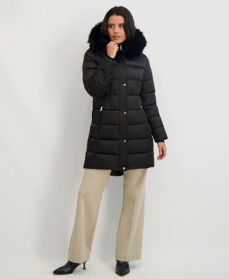 Womens Velvet Bibbed Faux-Fur Hooded Puffer Coat