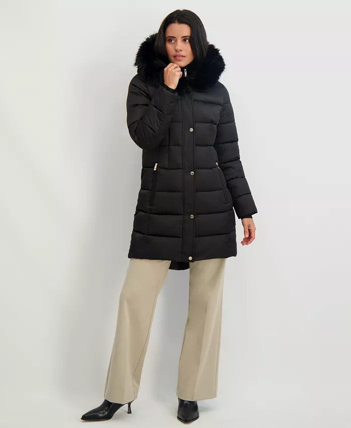 Womens Velvet Bibbed Faux-Fur Hooded Puffer Coat - thumbnail 7
