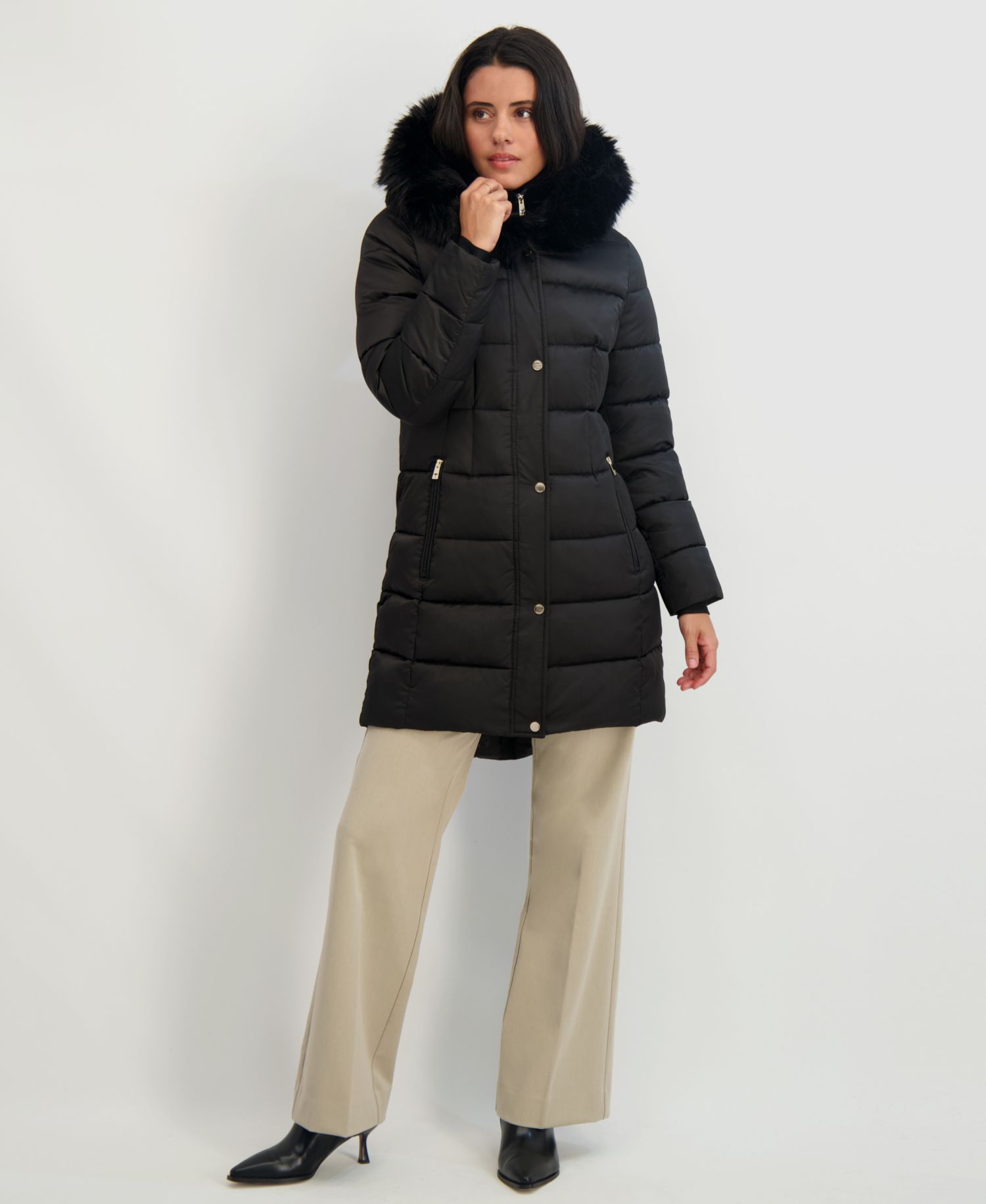 Womens Velvet Bibbed Faux-Fur Hooded Puffer Coat