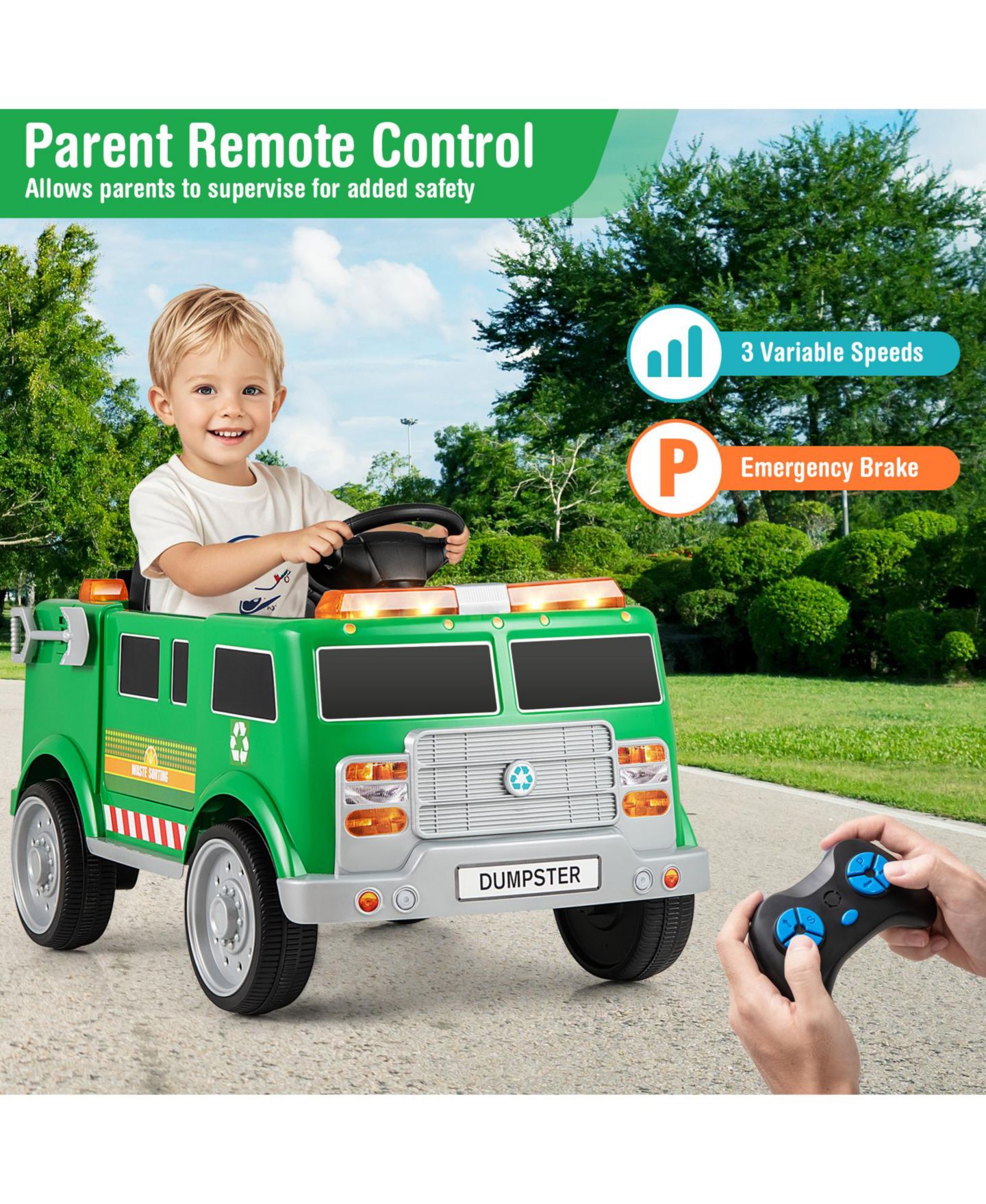 Детская игрушка Gymax Ride on Garbage Truck with Remote Control Trash Bin Shovel Lights Sound Effects, цвет: Зелёный — фото 4