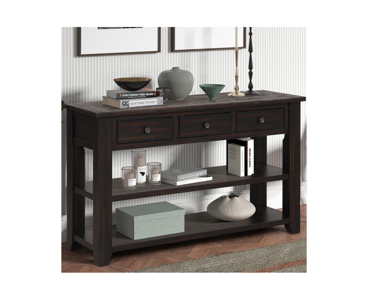 Casainc 48" Solid Pine Wood Top Console Table Cabinet with 3 Storage Drawers and 2 Shelves