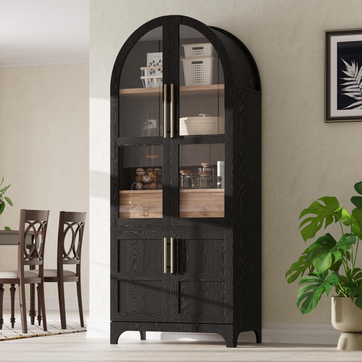 Casainc 71" Arched Kitchen Pantry Cabinet with Door Shelves, Glass Door, Hidden Drawer, Open Adjustable Shelves