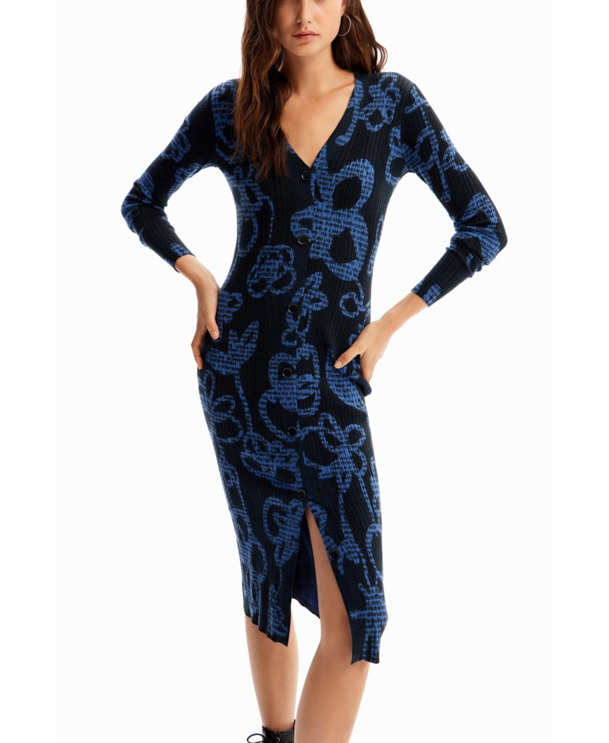 Women's Floral knit midi dress - Black