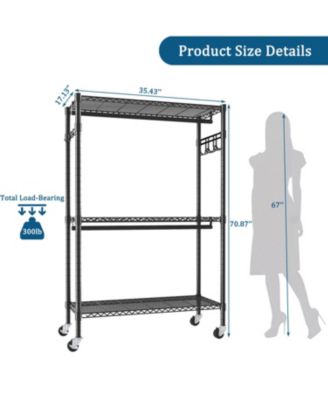 Heavy Duty Rolling Clothes Rack with Shelves &amp; Hooks