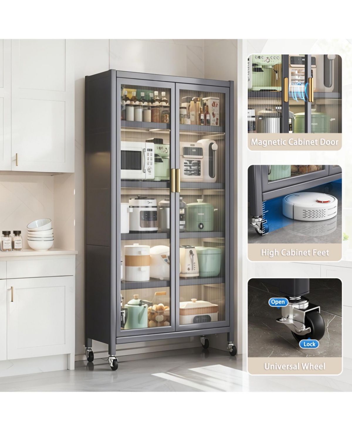 Streamdale Furniture 65" Kitchen Pantry Cabinet with Transparent Door & Wheels Gray