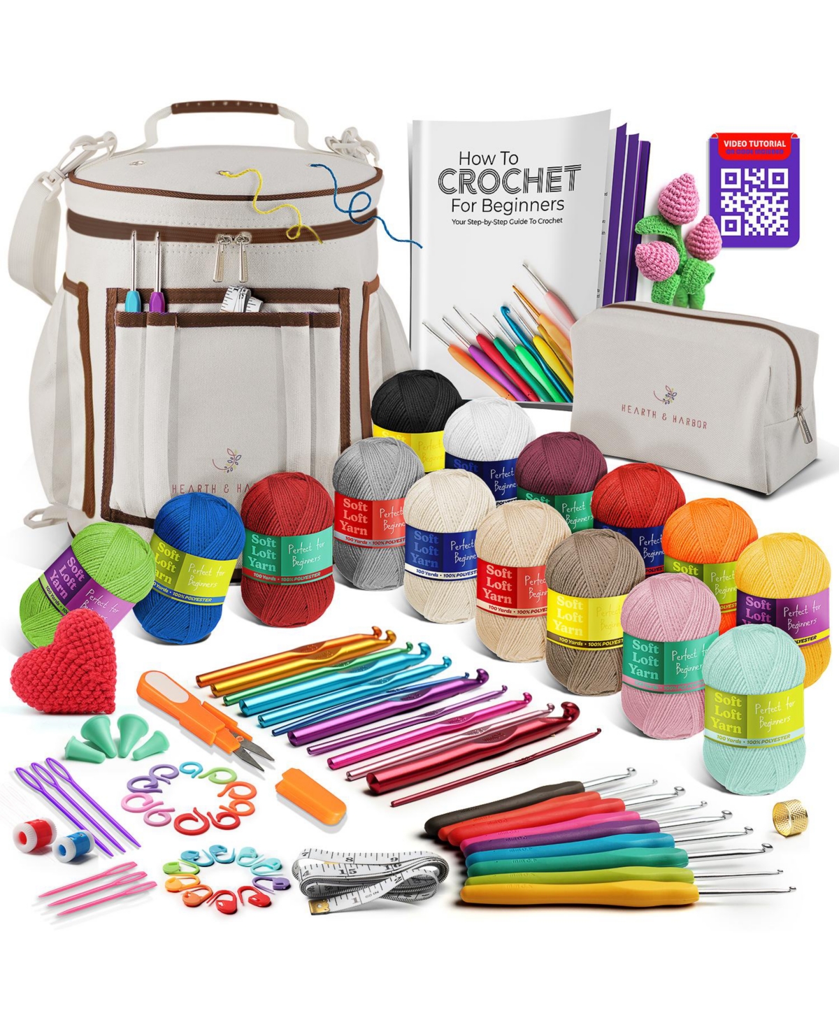 Hearth & Harbor Crochet Starter Kit for Beginners Adults & Kids with Video Tutorials - Amigurumi & Crocheting Kit - with Yarn & Crochet Bag - Warm gre
