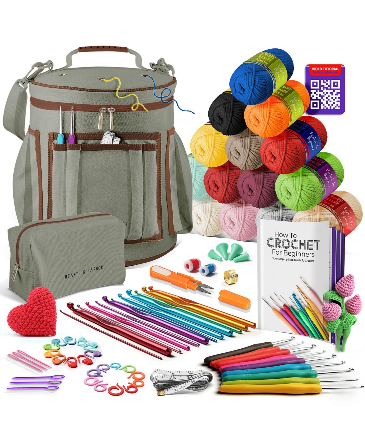 Hearth & Harbor Crochet Starter Kit for Beginners Adults & Kids with Video Tutorials - Amigurumi & Crocheting Kit - with Yarn & Crochet Bag - Sage gre