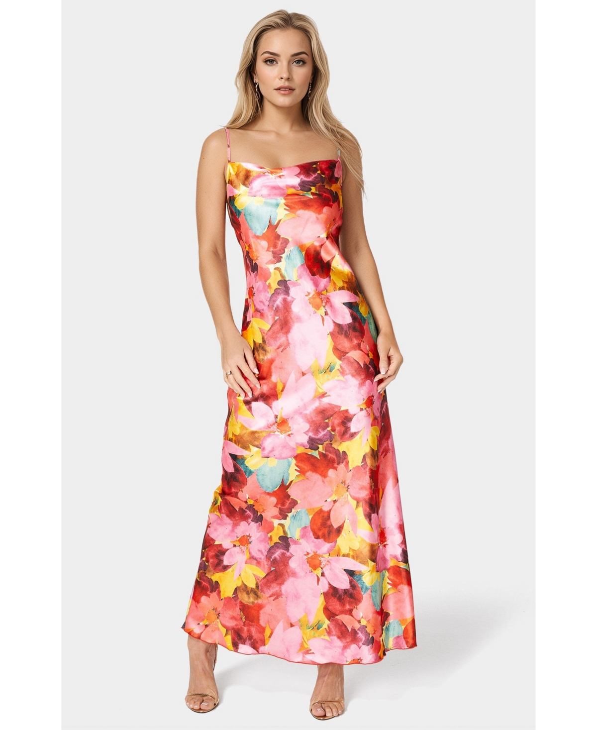 Women's Print Satin Maxi Dress - Pink/orange floral