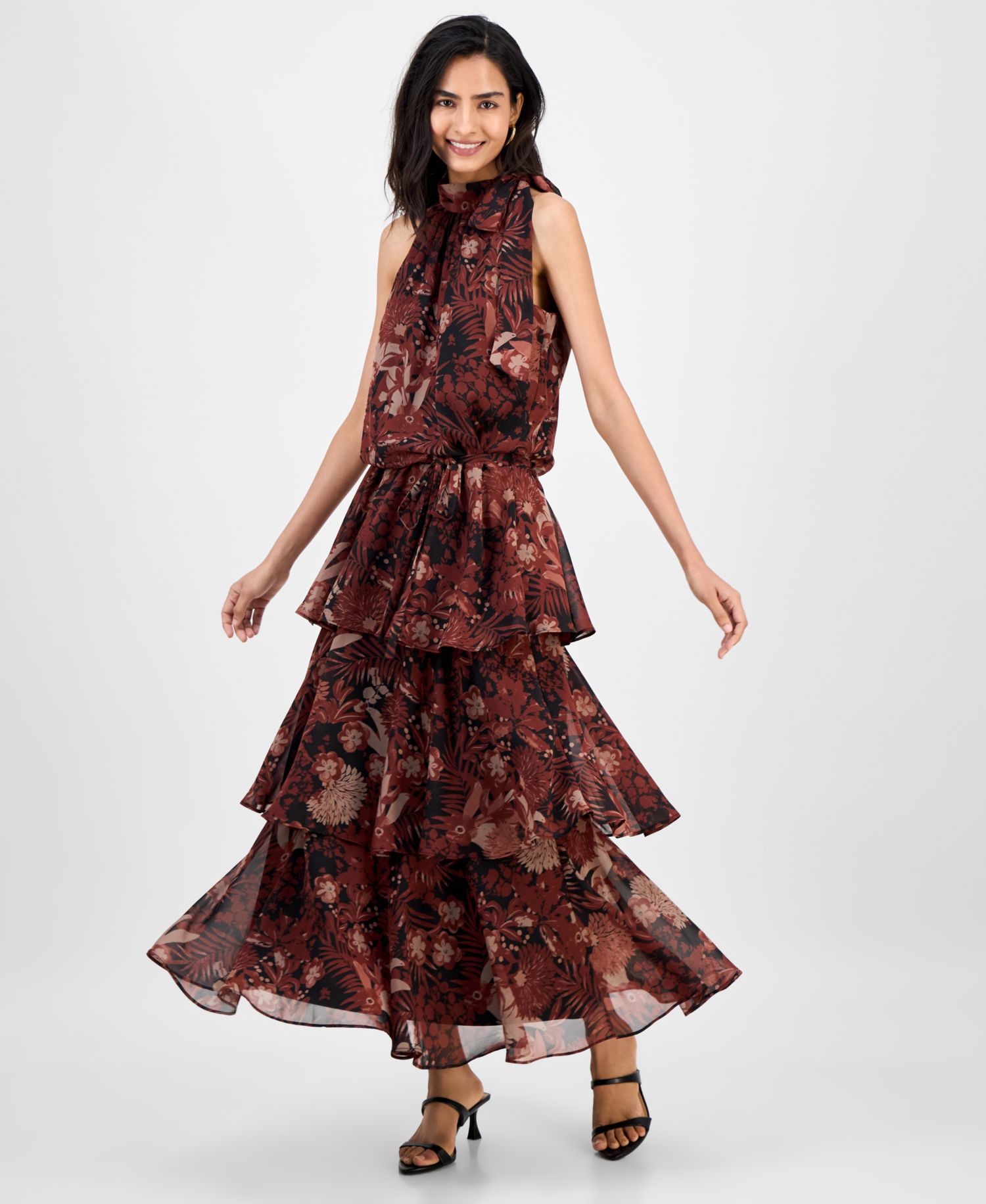 Women's Tie-Neck Blouson Tiered Maxi Dress