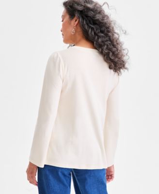 Petite Placed Sequin Puff-Shoulder Long-Sleeve Top, Macy's Exclusive