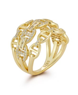 14K Gold Plated Sterling Silver Triple Row Pave Mariner Link Ring