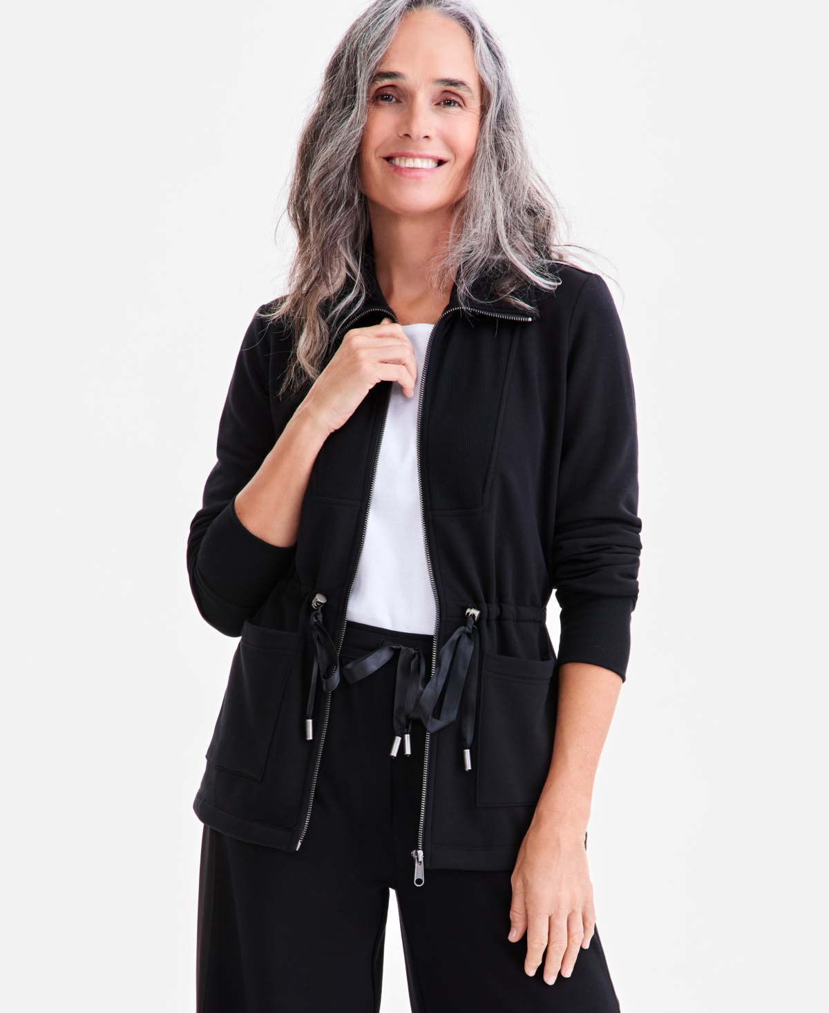 Style & Co Luxe-fleece Front-zip Drawstring-waist Jacket, Macy's Exclusive In Black