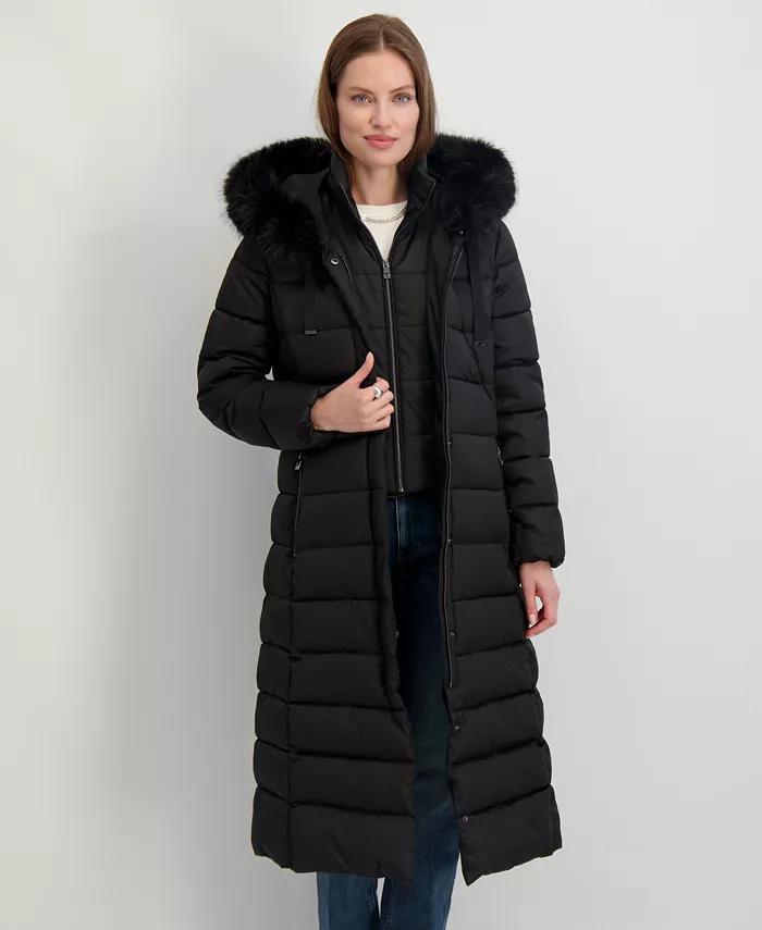 Womens Maxi Shine Bibbed Faux-Fur-Trimmed Hooded Puffer Coat - thumbnail 3