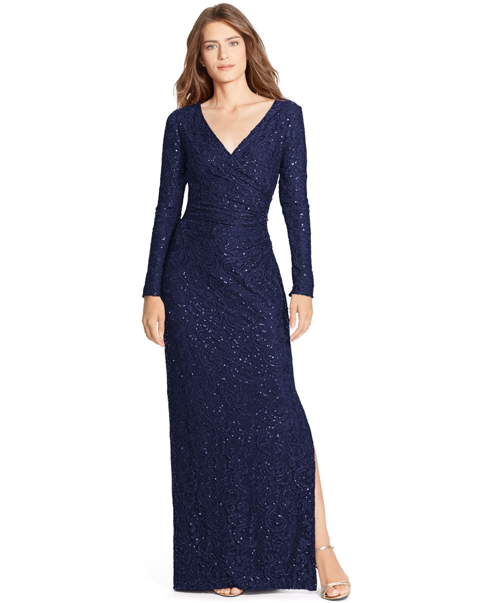 Lauren Ralph Lauren Petite Sequined Lace Surplice Dress   Dresses