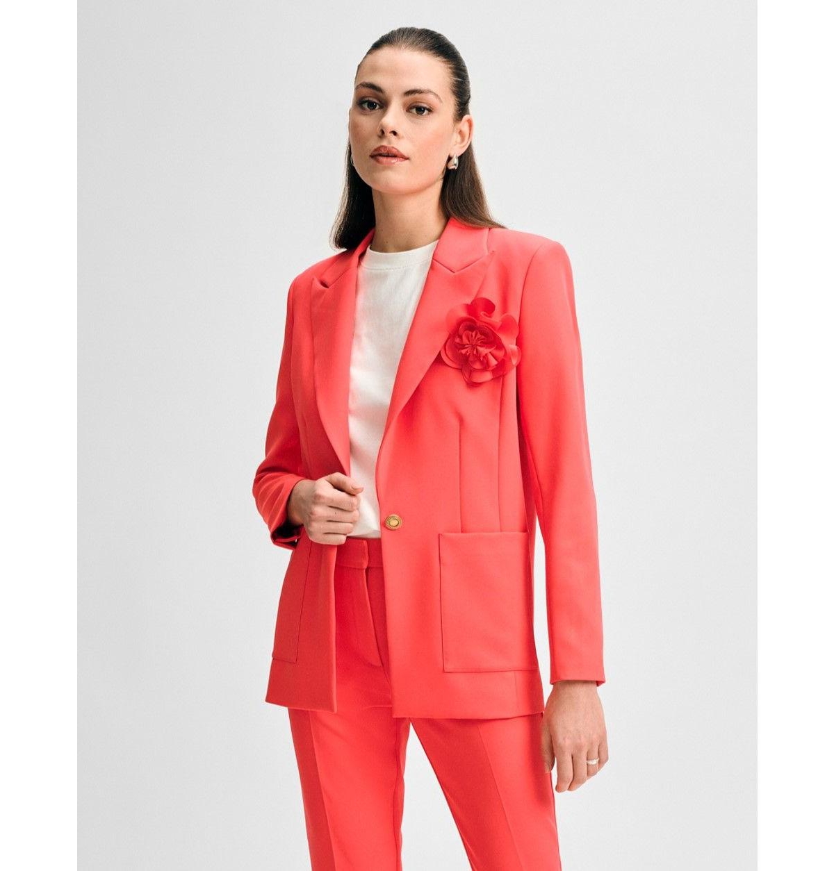 Women's Blazer with Detachable Flower Pin - Rose