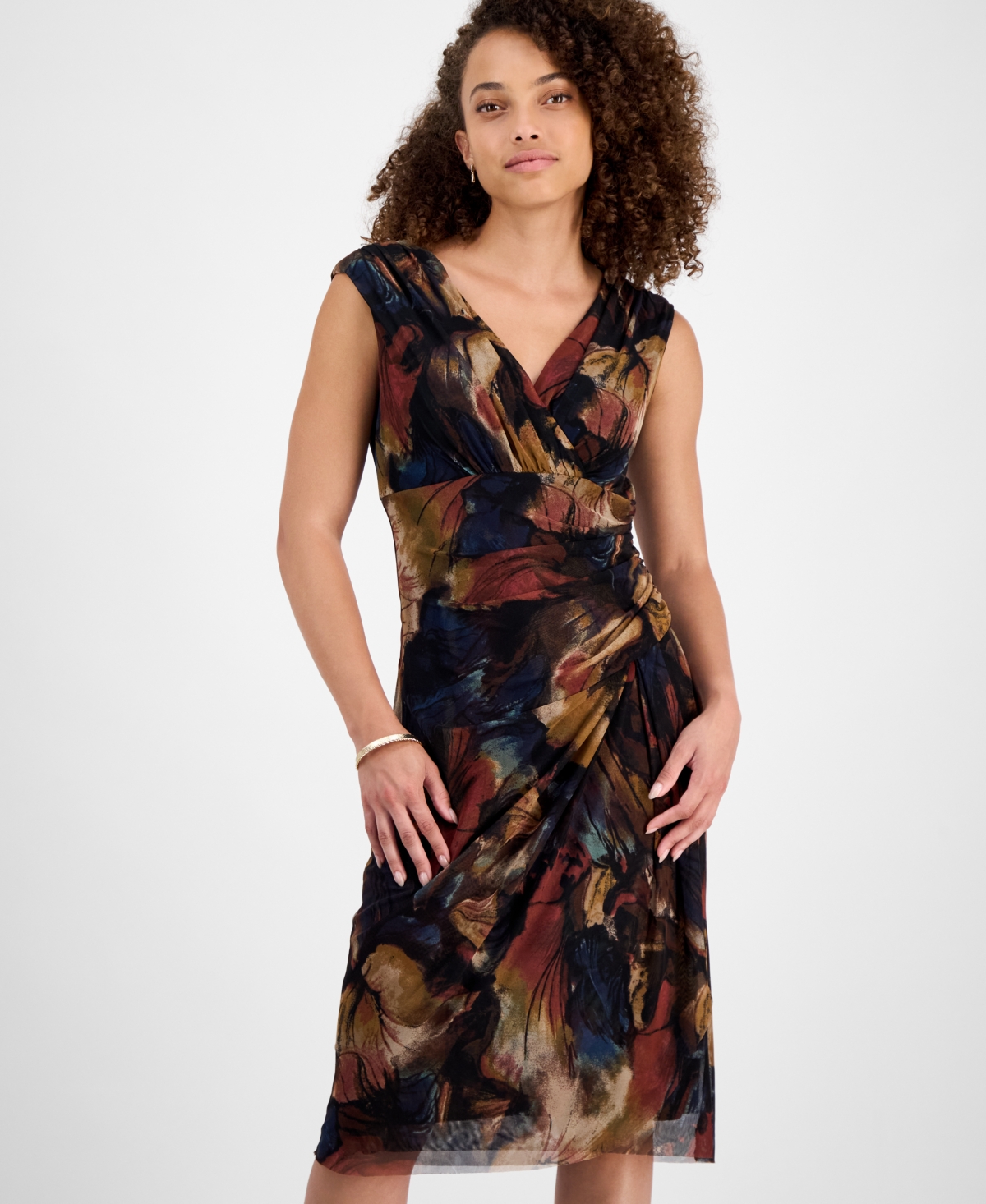 Connected Petite Printed V-neck Sleeveless Dress In Blue