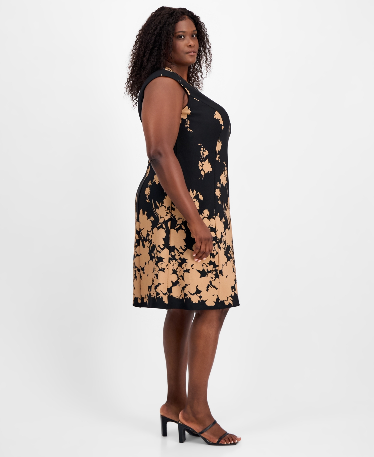 Connected Plus Size Floral-print Fit & Flare Dress In Black