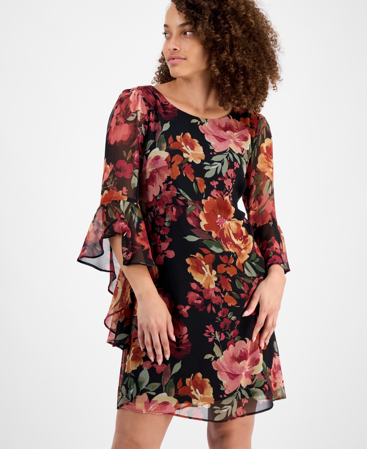 Connected Petite Floral-print Bell Flare-sleeve Dress In Multi