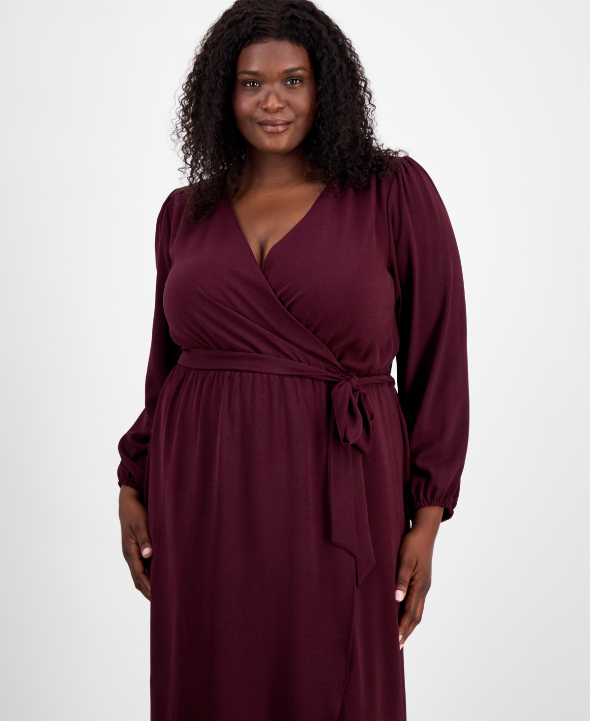 Connected Plus Size Tie-front Wrap Maxi Dress In Burgundy