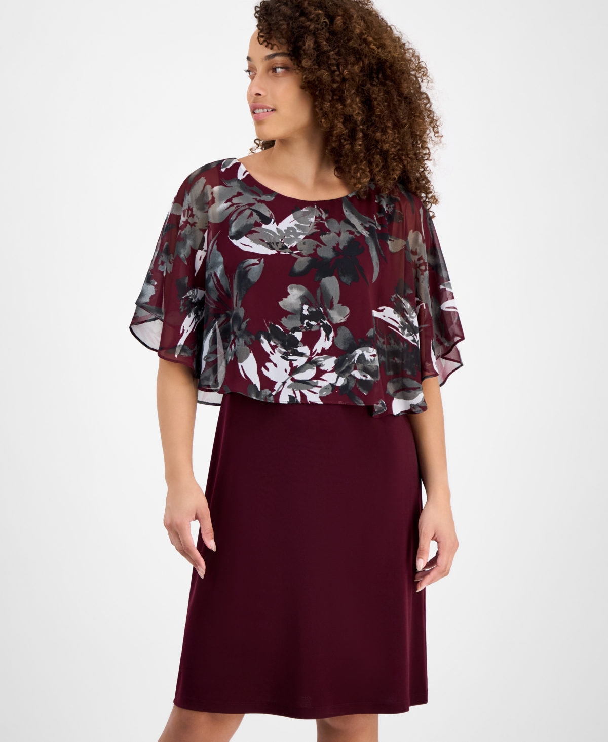 Connected Petite Floral Cape-overlay Sheath Dress In Multi