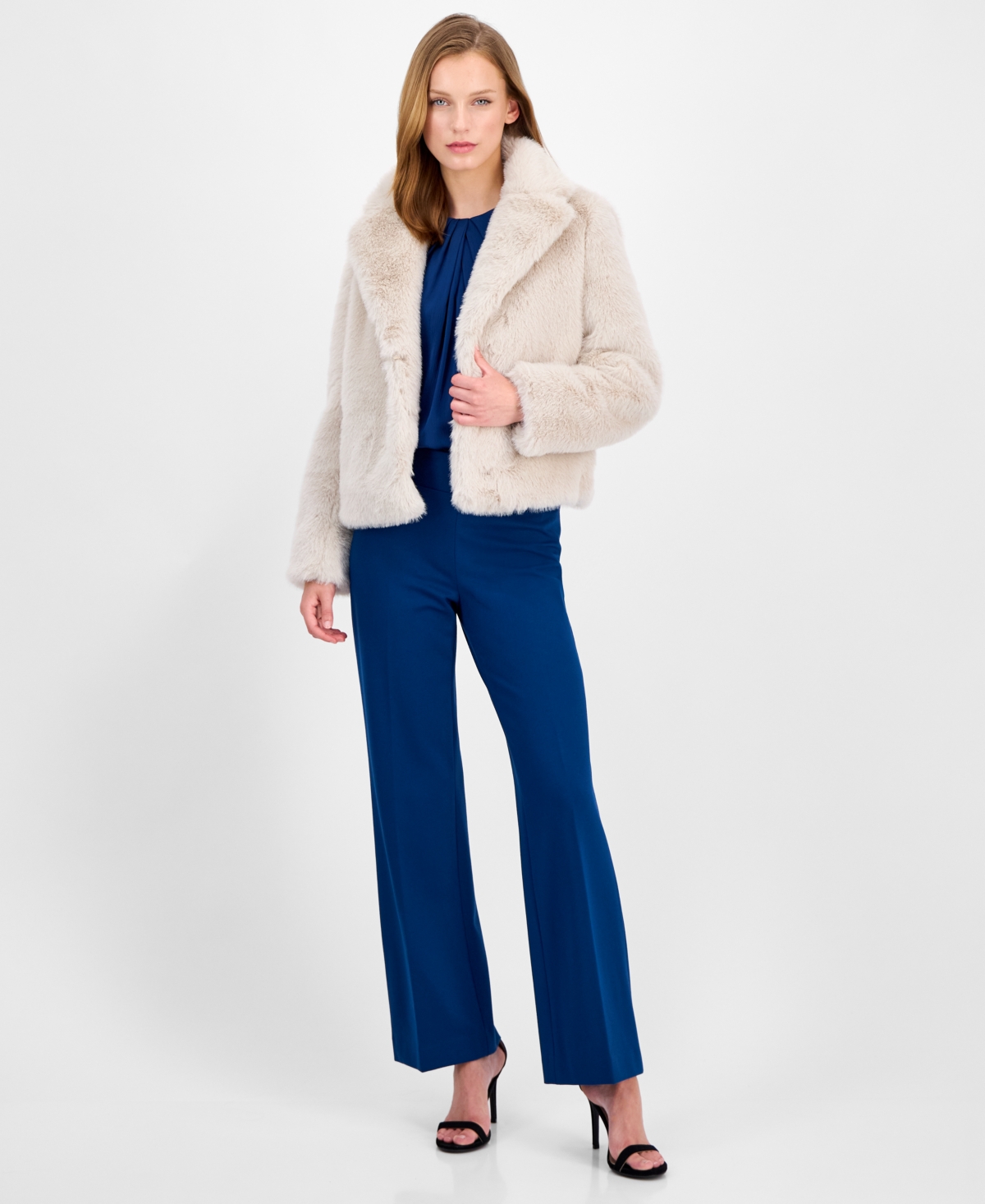 Anne Klein Petite Notch-collar Crop Faux-fur Jacket In Neutral