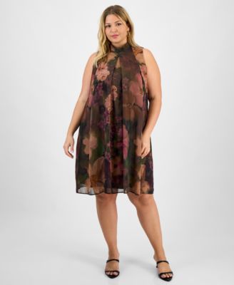 Plus Size Floral Chiffon Mock-Neck Chiffon Dress