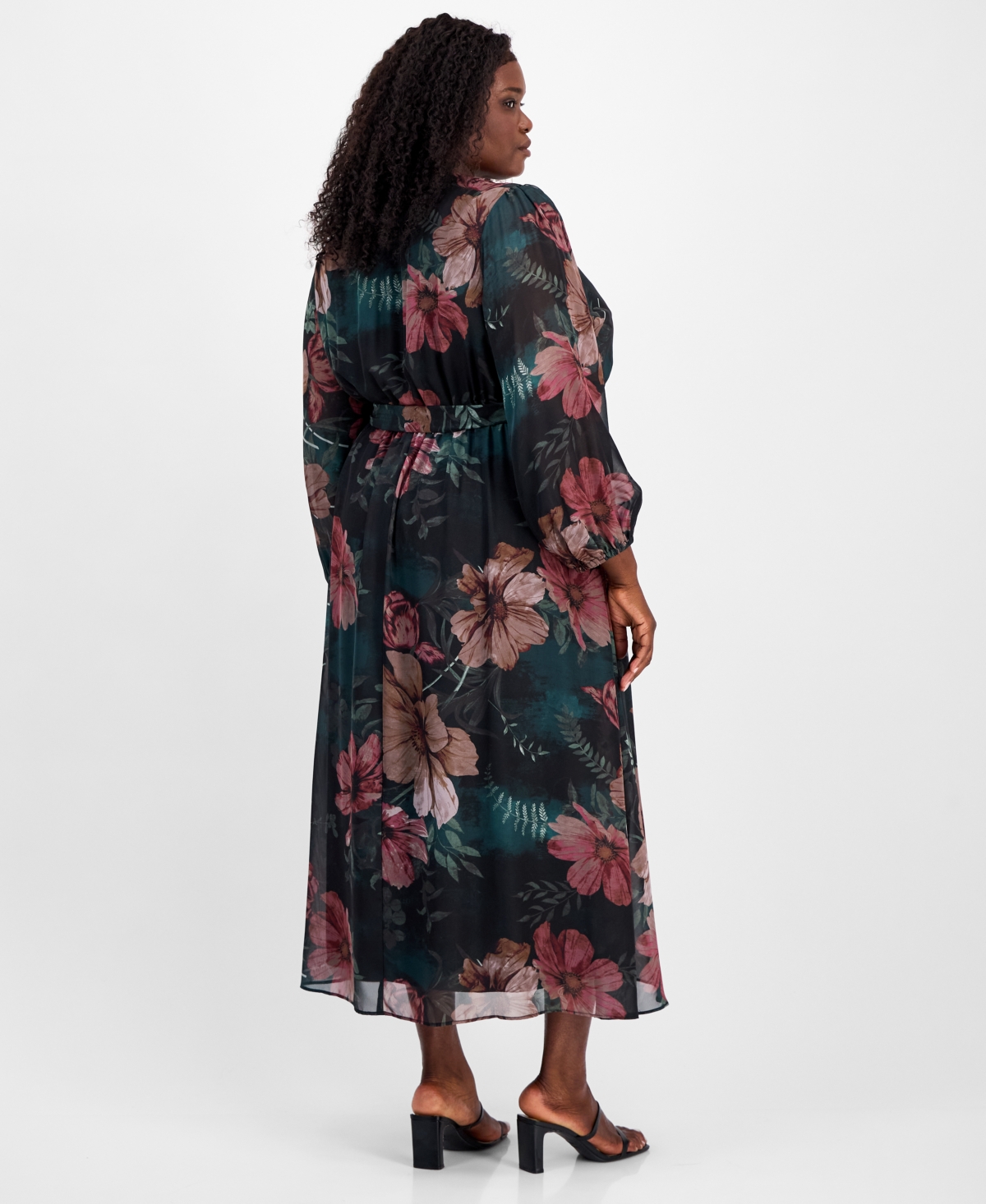 Robbie Bee Plus Size Floral-print Faux-wrap Dress In Black