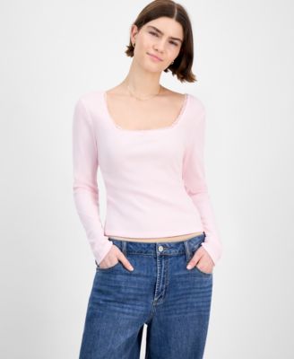 Juniors' Floral-Print Lace-Trim Top